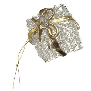 Large Glass Present Bauble Gold Ribbon Bow