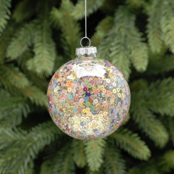 P030116 Clear Bauble with Multicoloured Sequins Inside P030116 Clear Bauble with Multicoloured Sequins Inside