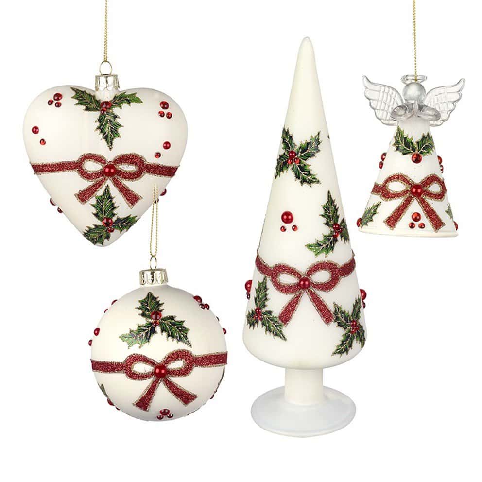 White Glass Bauble with Holly Design