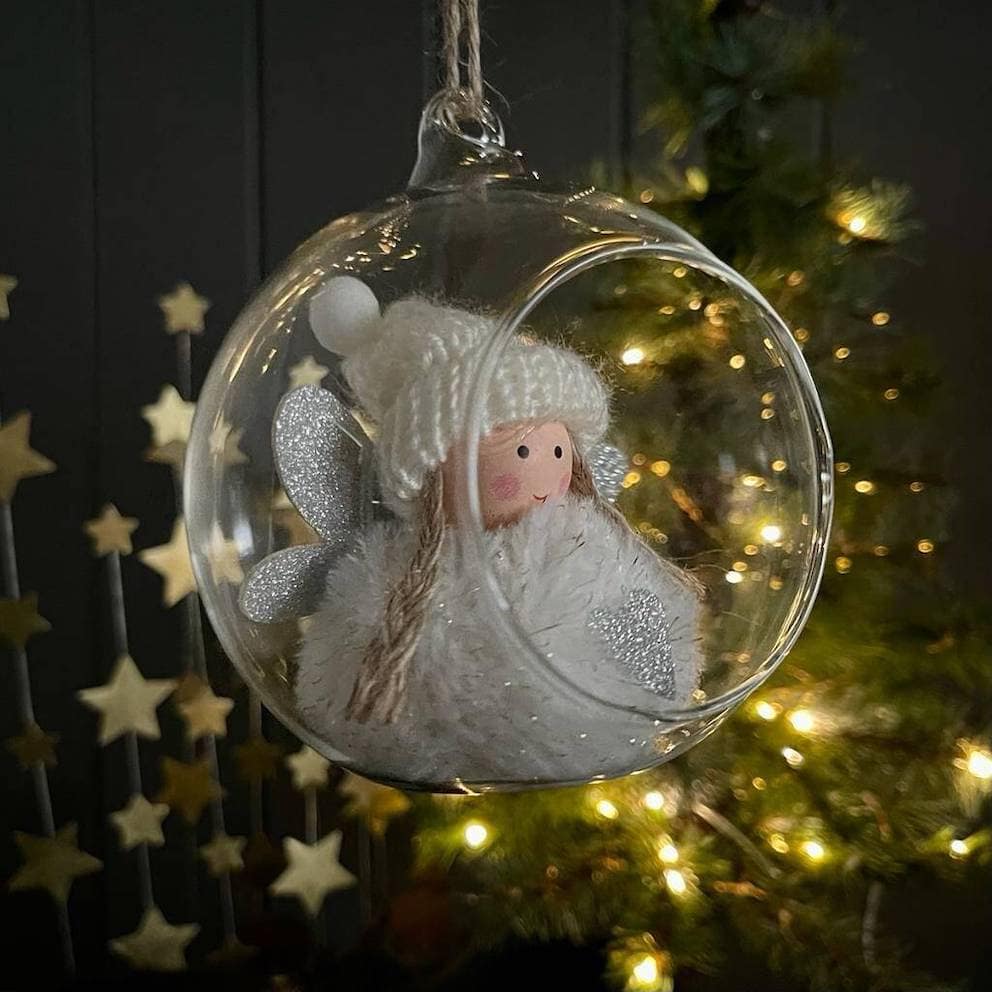 White Fluffy Fairy in Glass Bauble